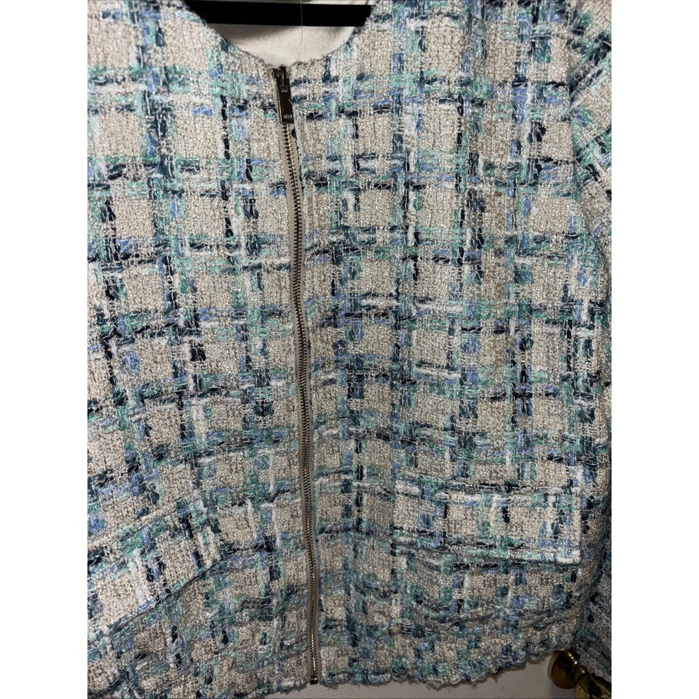 NWT Boston Proper XL Tweed Zip Bomber Lady Jacket Blue Green Cream Pockets - Picture 7 of 16